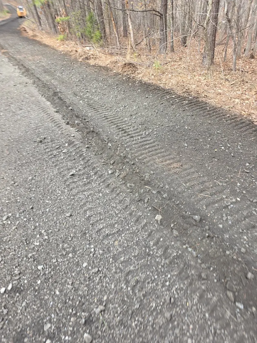 Freshly graded gravel road through the woods